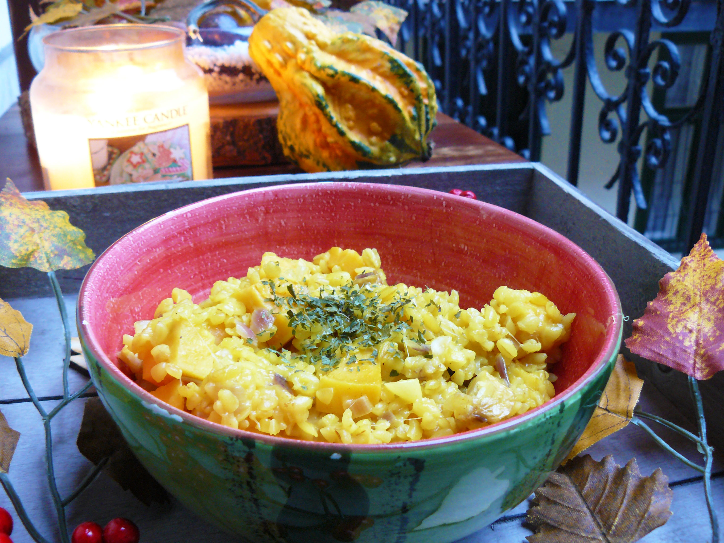 Turmeric sweet potato bulgur risotto with elderflower wine and chestnuts.