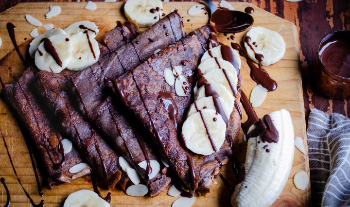 collagen crépes with bananas and decadent melted dark chocolate
