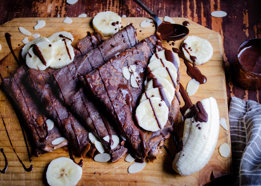 collagen crépes with bananas and decadent melted dark chocolate