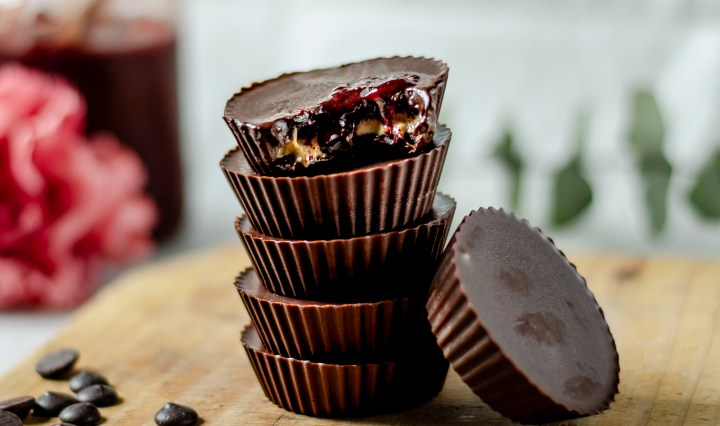 stacking dark chocolate cups on top of each other