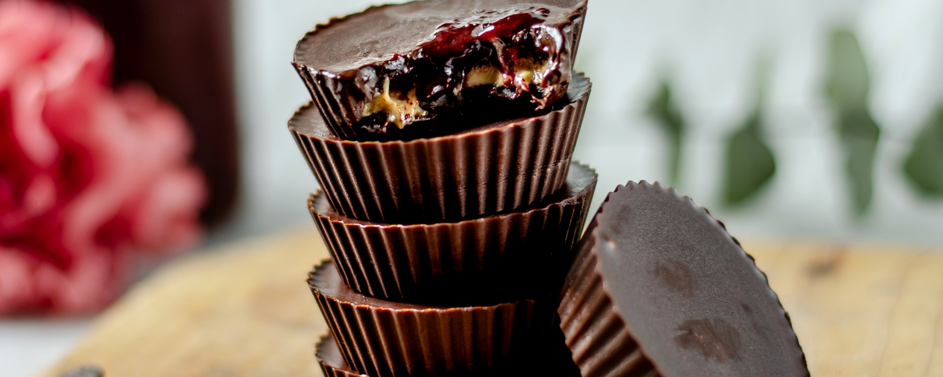 stacking dark chocolate cups on top of each other