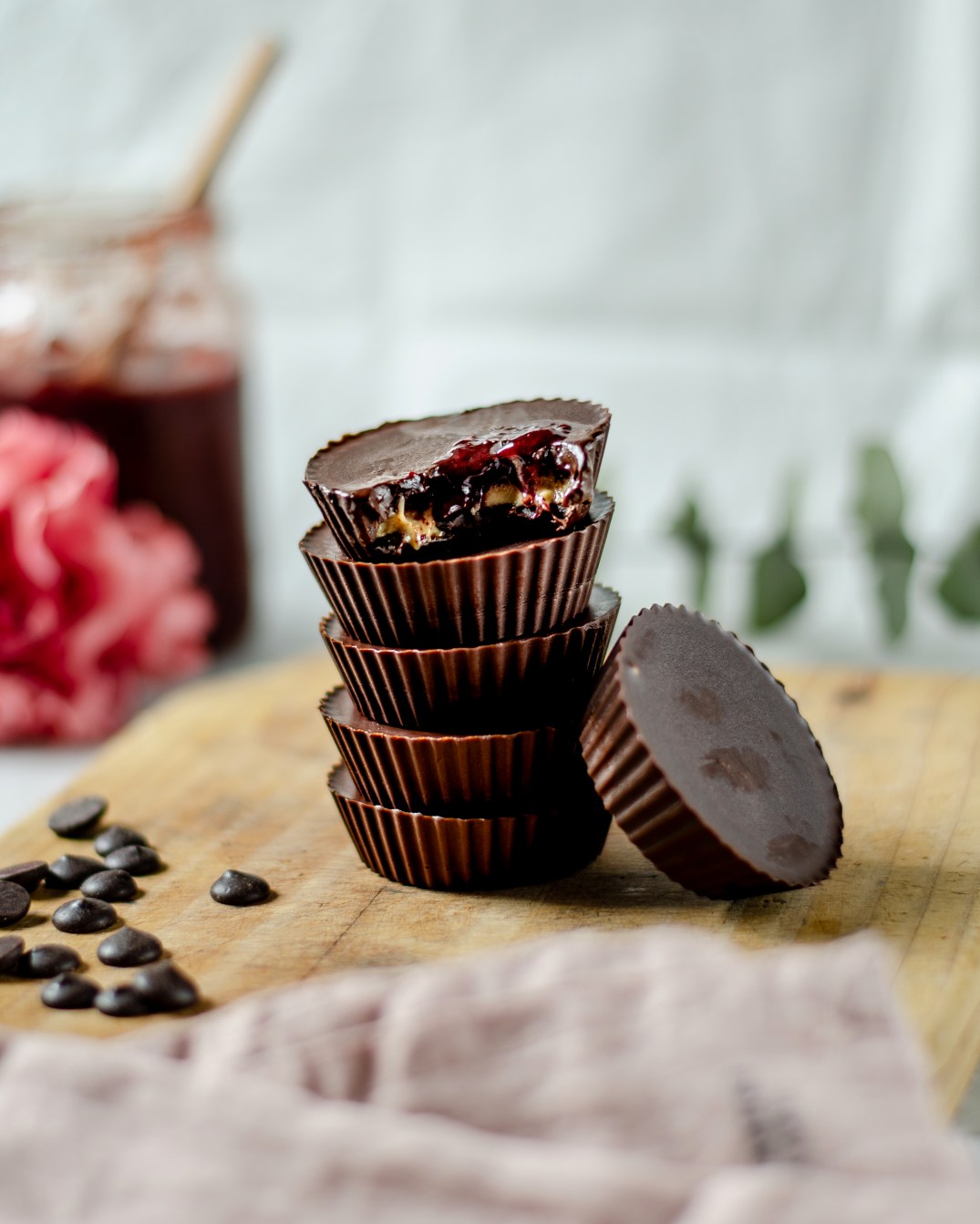 stacking dark chocolate cups on top of each other