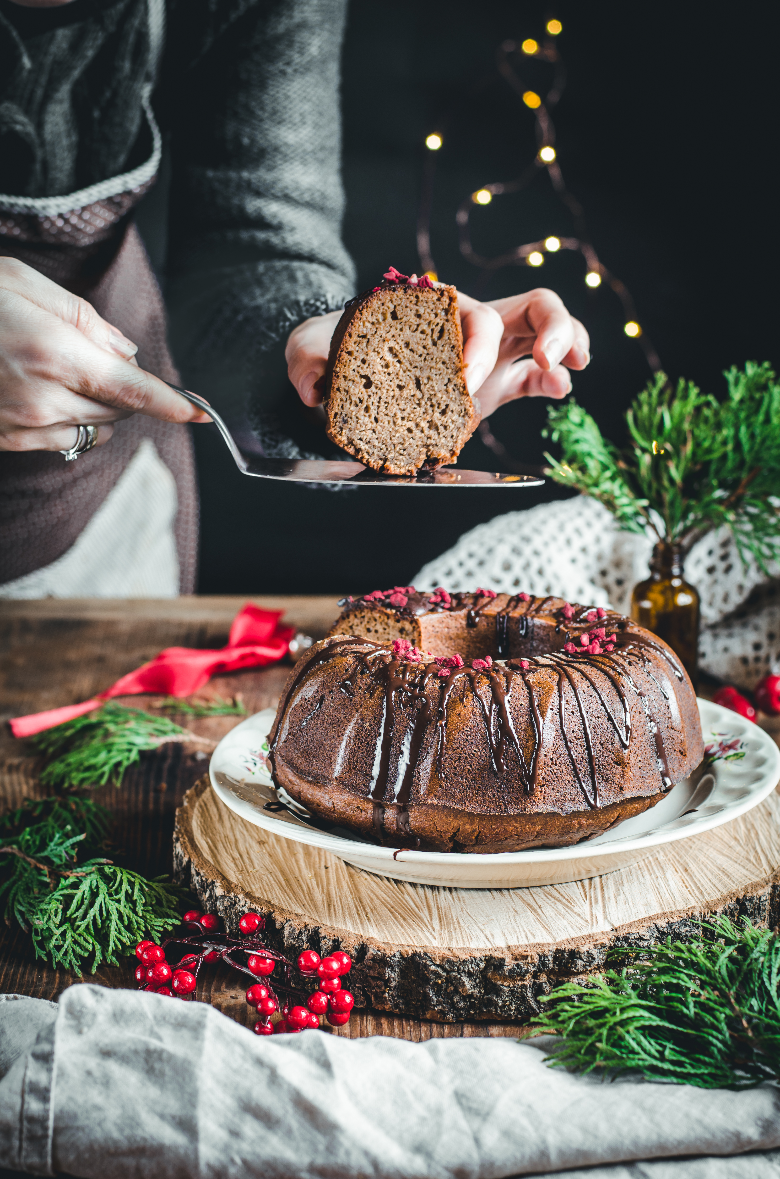 a slice of sugarfree chocolate-coffee Christmas bundt cake