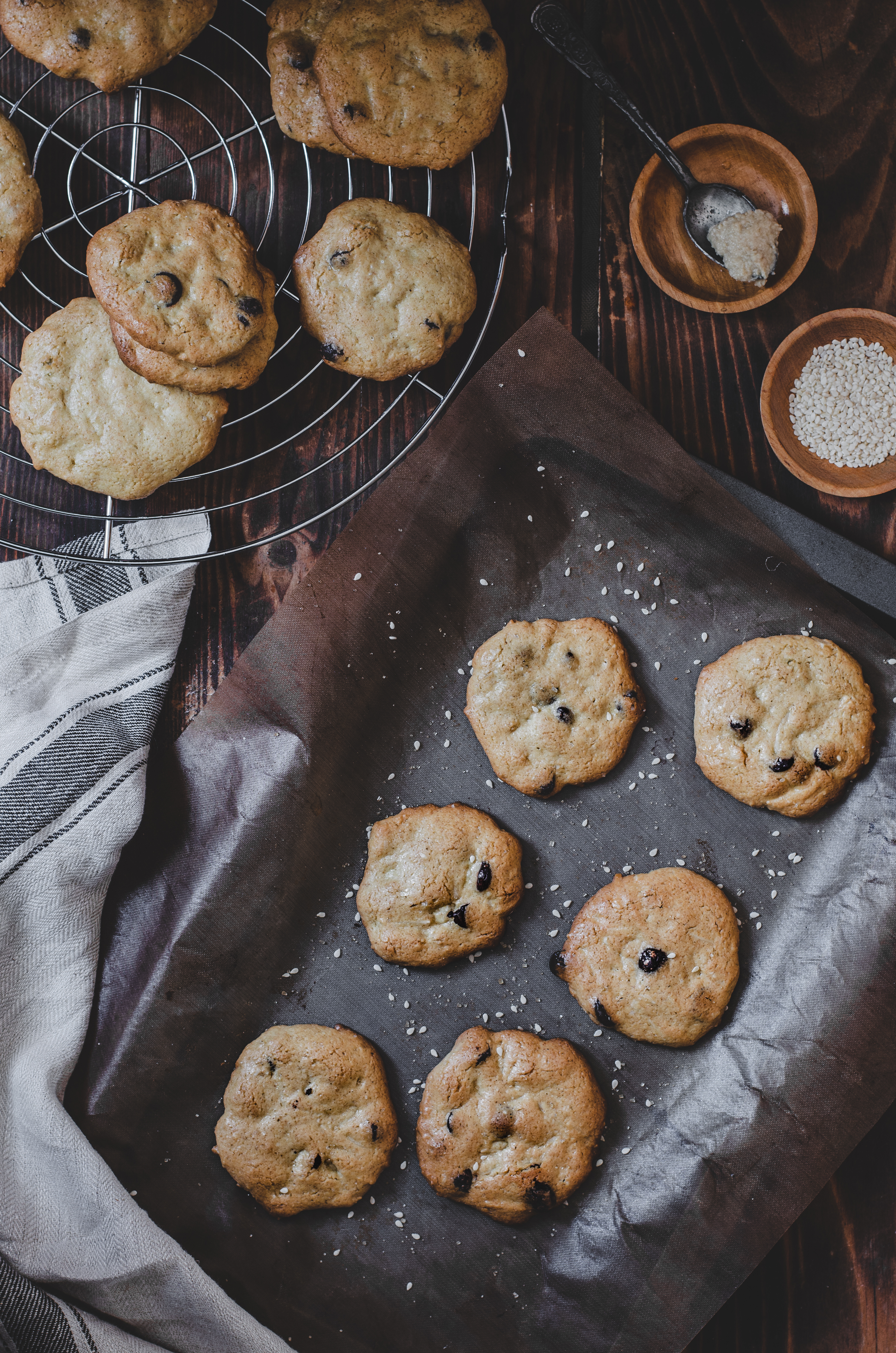 tahini and dark chocolate chip cookie flatlay straight out of the oven