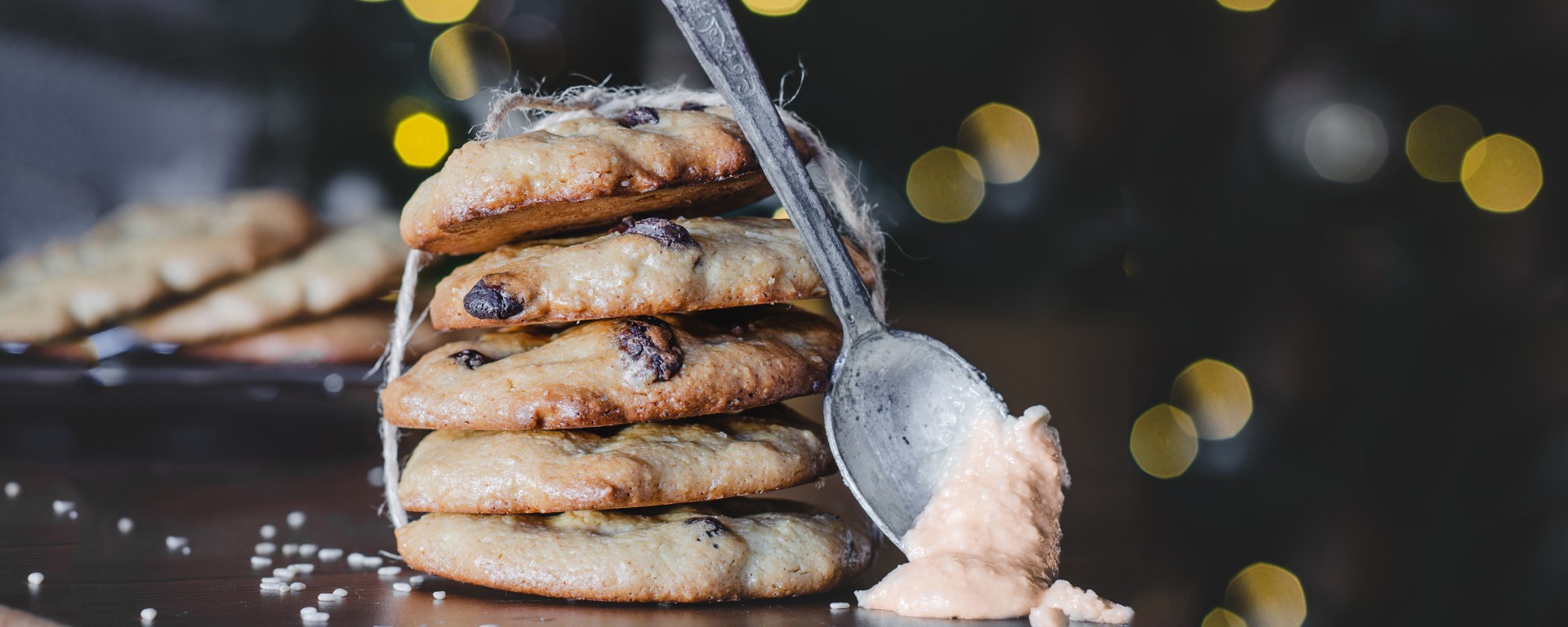 a stack of tahini dark chocolate chip cookies for a featured image