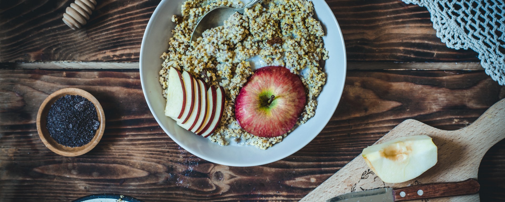 horizontal photo of gluten-free apple and poppy seed millet porridge